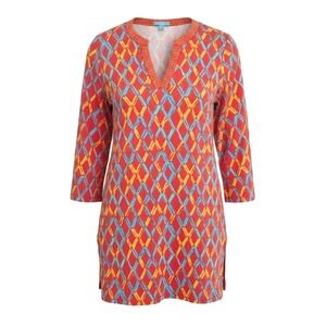 J McLaughlin Red Diamond Print Long Tunic Top Shirt M Quarter Sleeve Resort Wear
